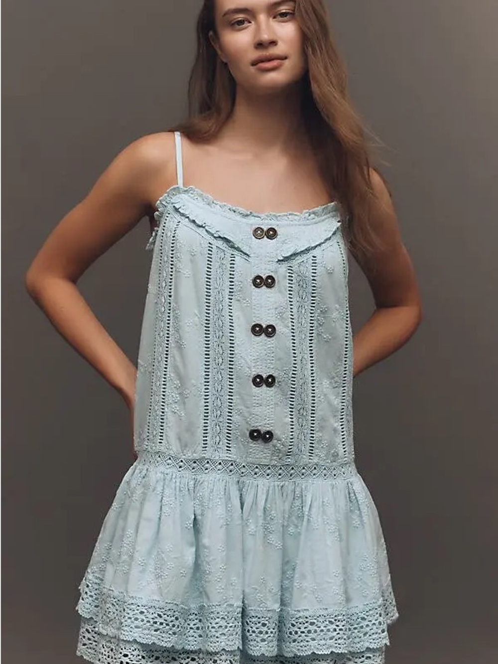 Nwot Pilcro sleeveless Light Blue Eyelet Lace Tiered Mini Dress - Picture 5 of 8